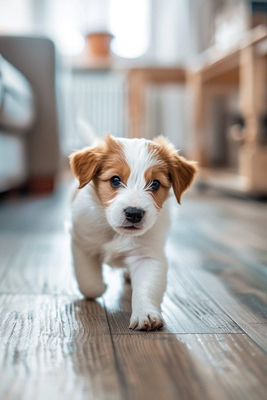 Puppy sliding on wooden floor with funny expression