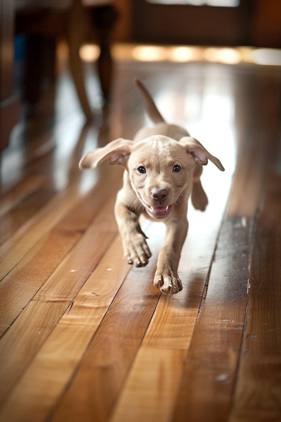 Puppy sliding on wooden floor with funny expression