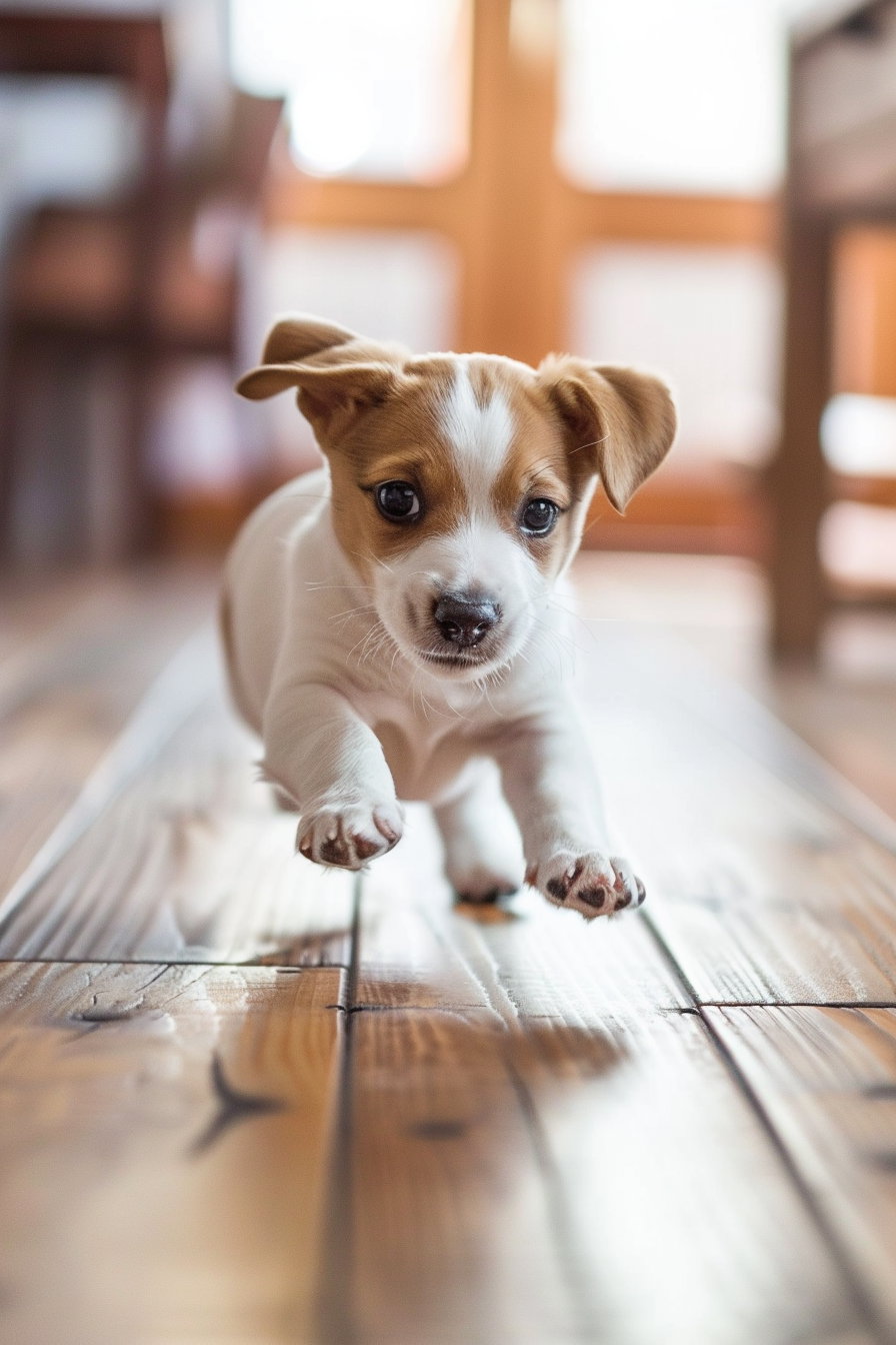 Puppy sliding on wooden floor with funny expression