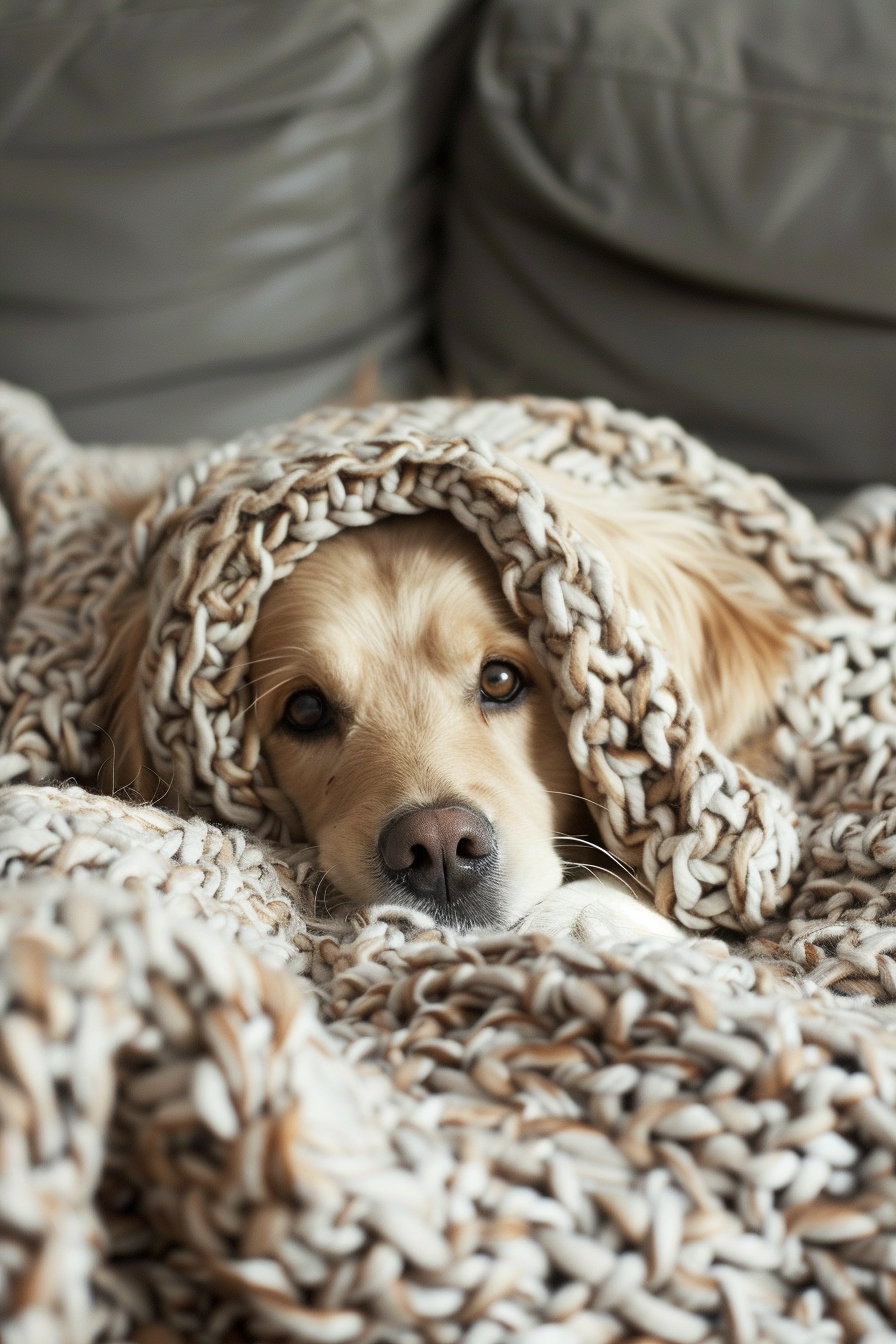 Confused dog tangled in blanket in cozy room
