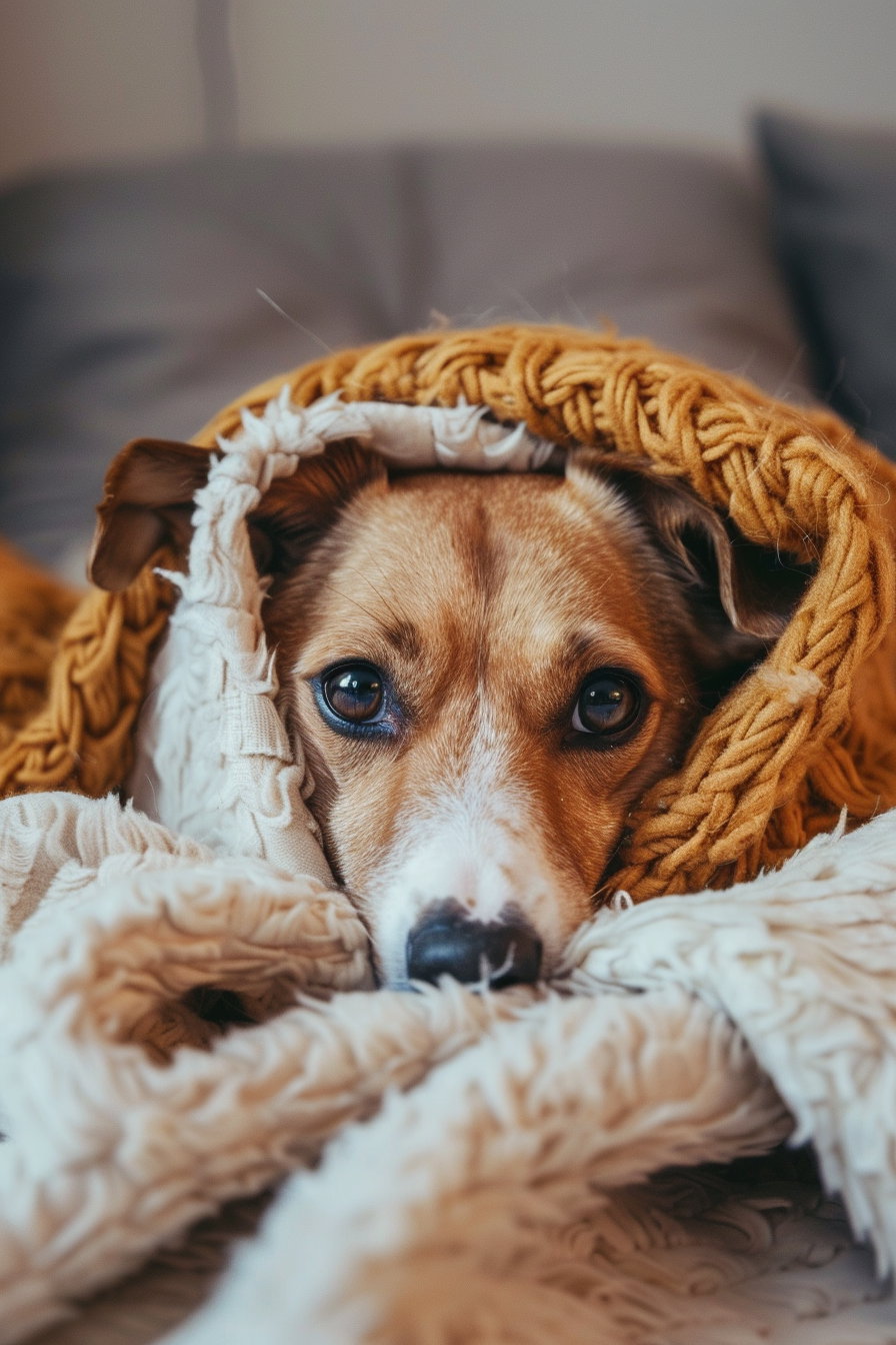 Confused dog tangled in blanket in cozy room