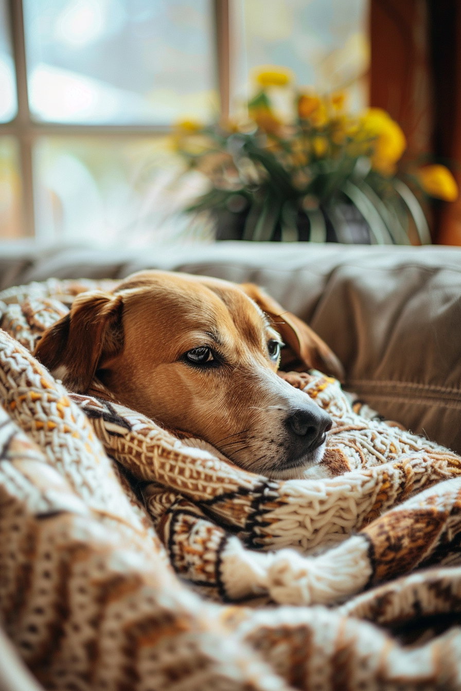 Confused dog tangled in blanket in cozy room
