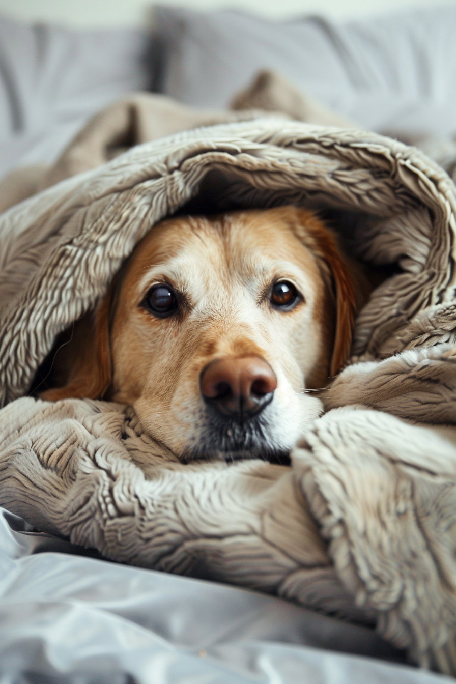 Confused dog tangled in blanket in cozy room