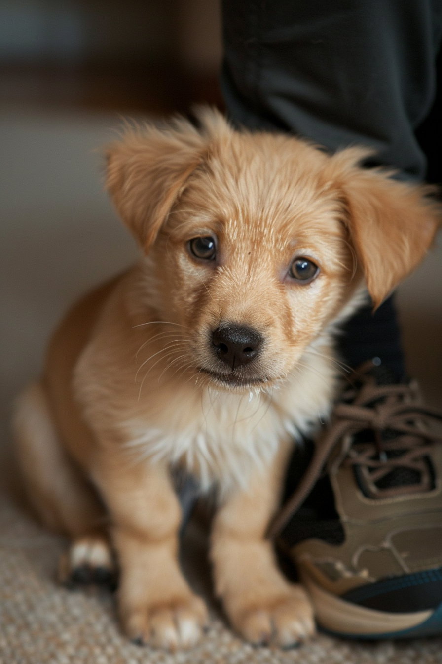 Playful puppy chewing shoe with guilty expression indoors