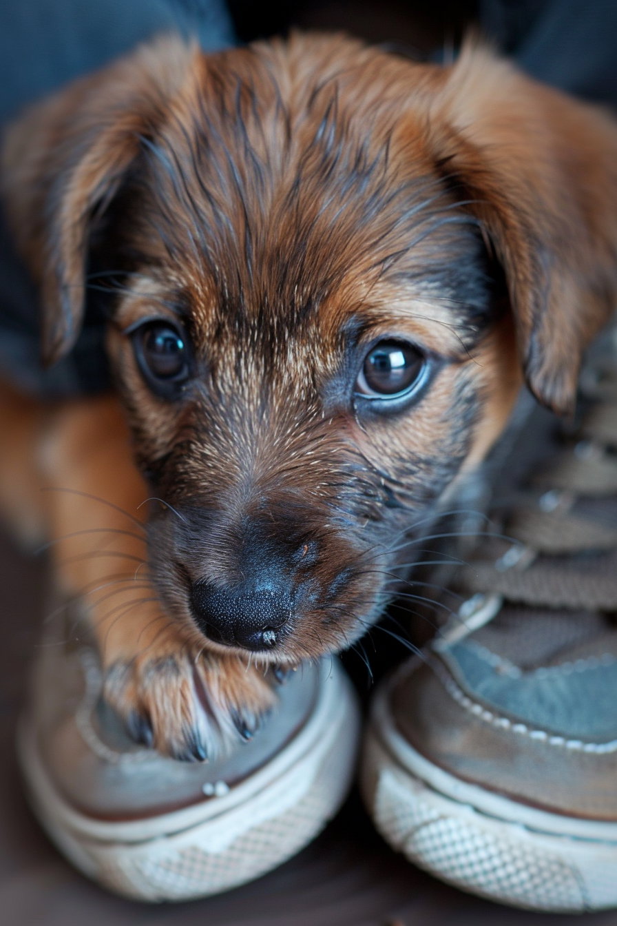 Puppy chewing shoe with playful guilty expression indoors