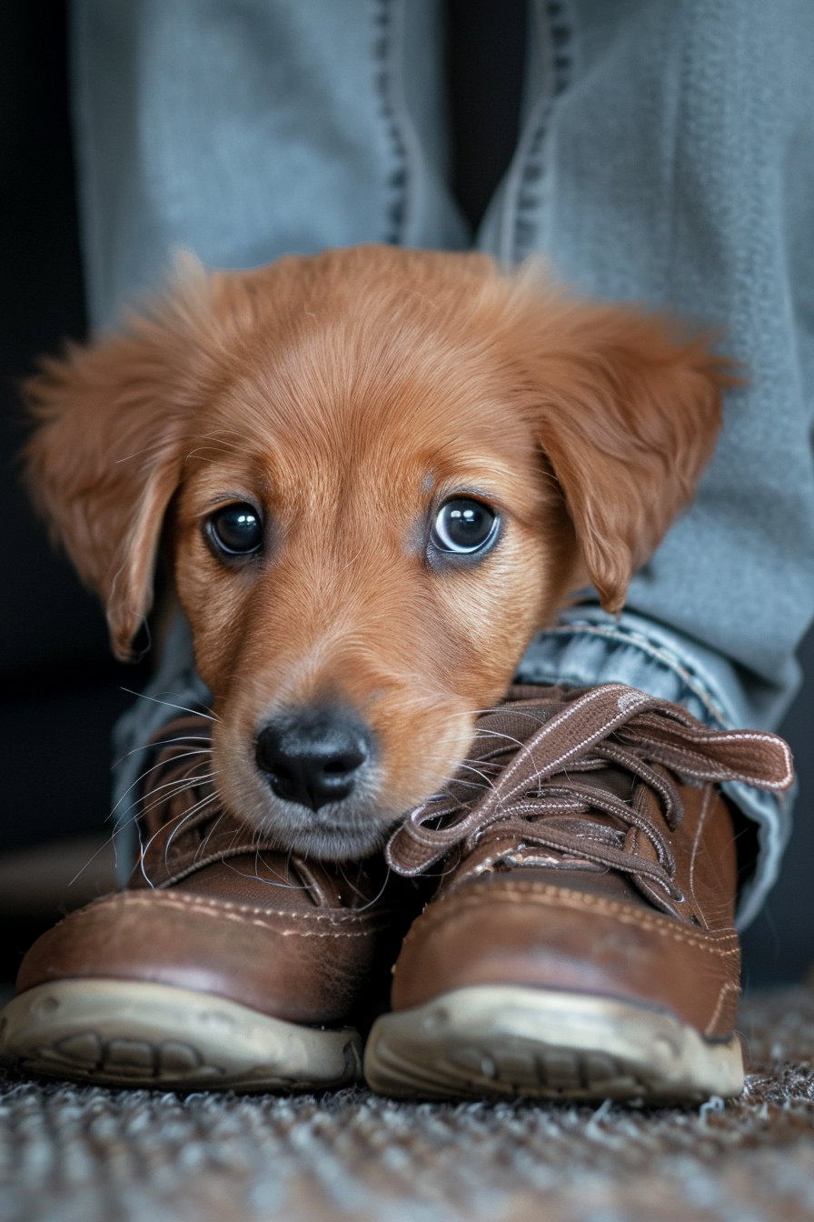 Puppy with guilty expression chewing shoe indoors