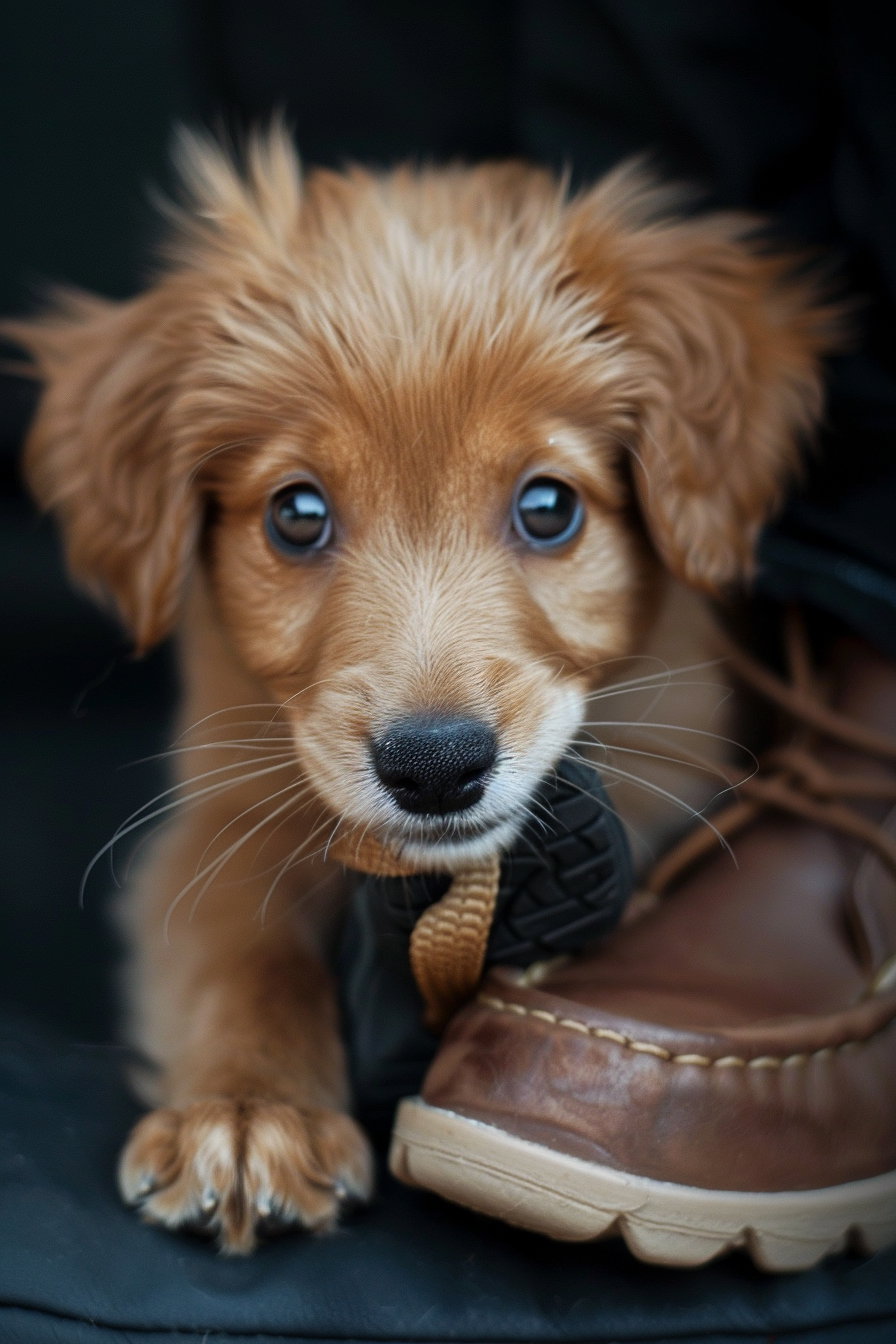 Puppy chewing shoe with playful guilty expression indoors