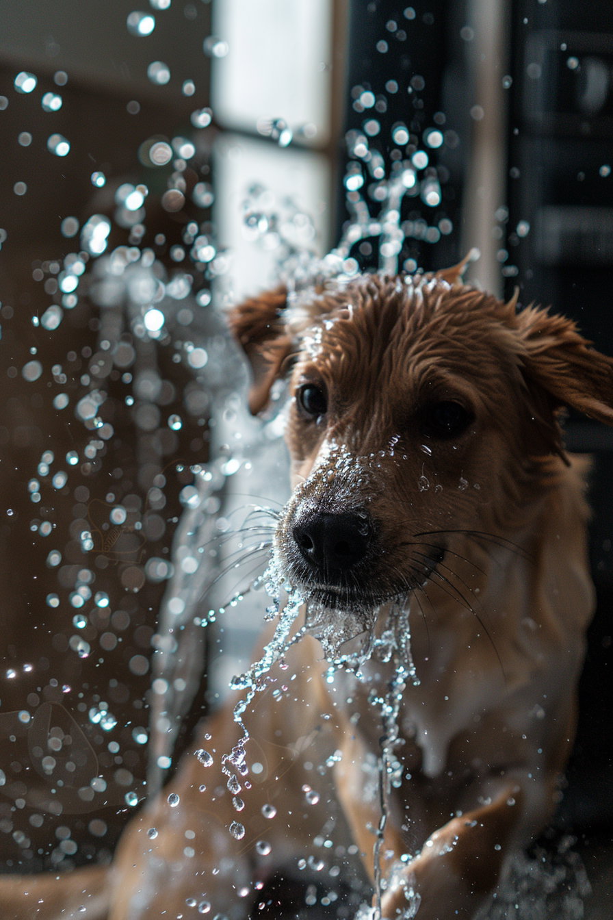 Dog shaking water in living room, droplets flying everywhere