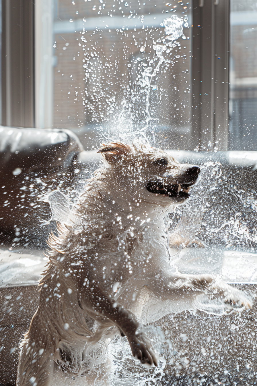Dog shaking water in living room, droplets flying everywhere