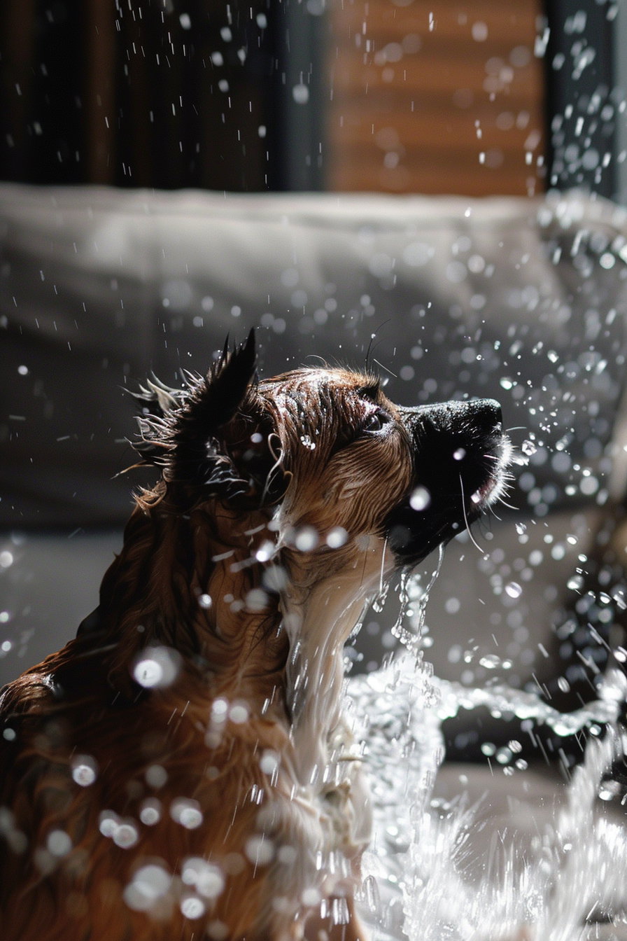 Dog shaking water in living room, droplets flying everywhere