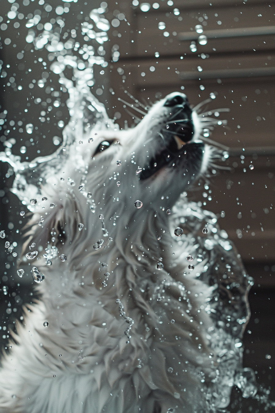Dog shaking off water in living room, droplets flying everywhere