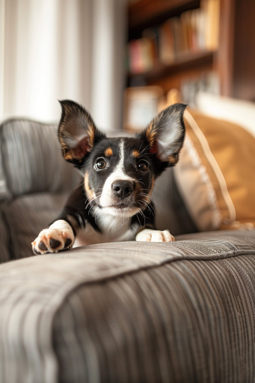 Puppy mid-jump falling off couch with motion blur