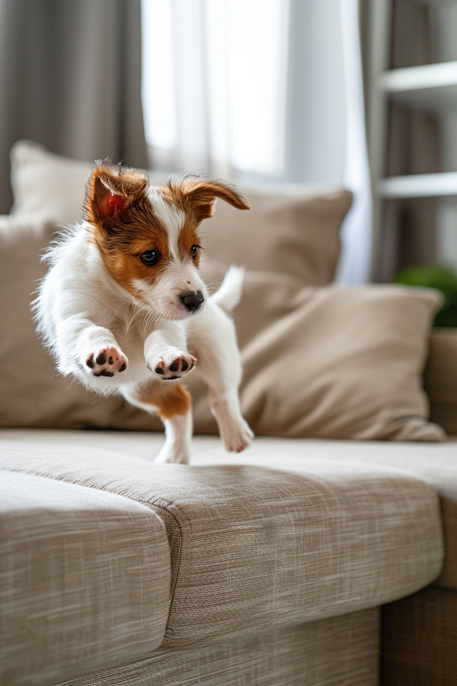 Puppy mid-jump falling off couch with motion blur