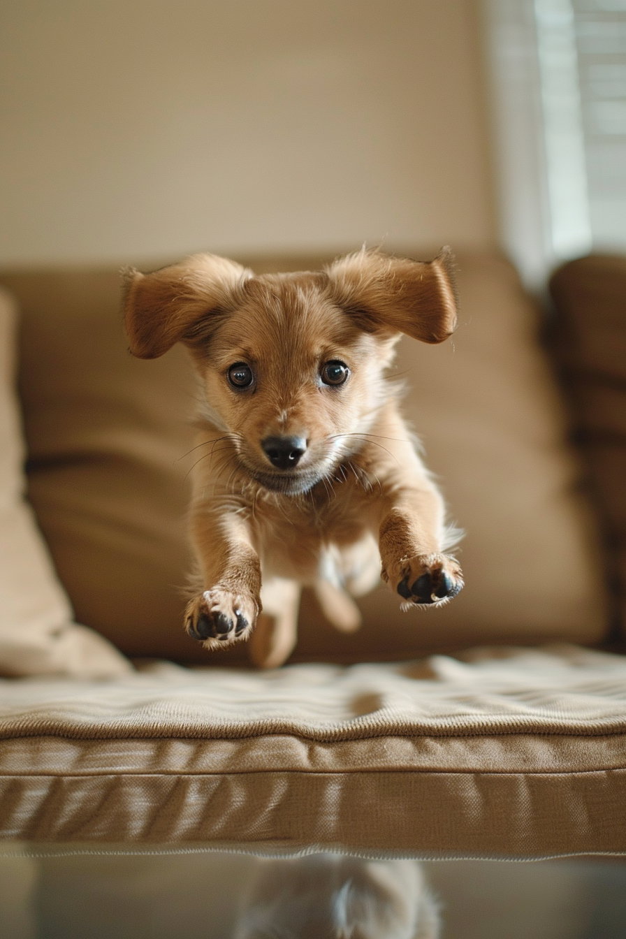 Puppy mid-jump falling off couch with motion blur