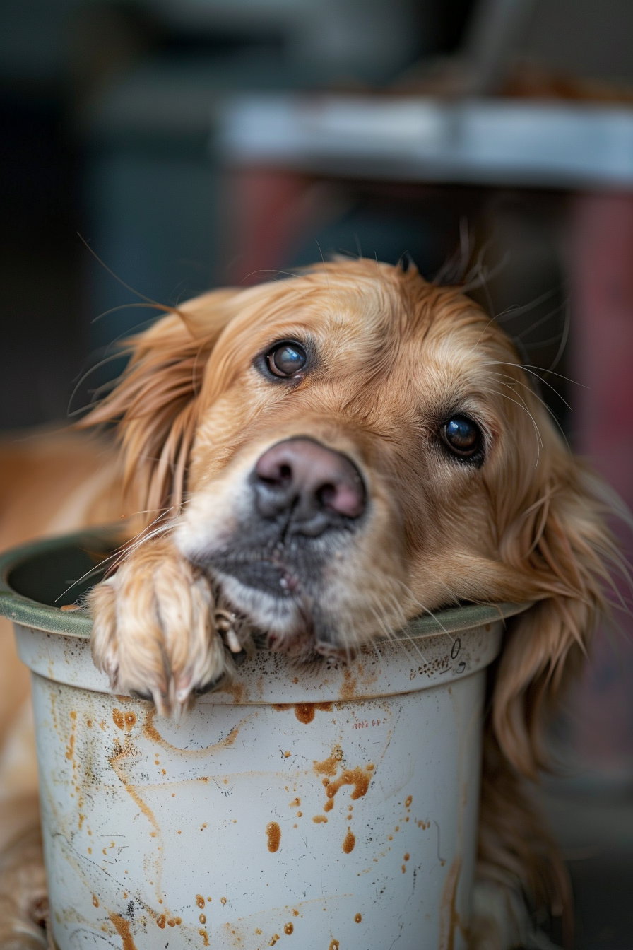 Dog with head in food container, messy face and confused look