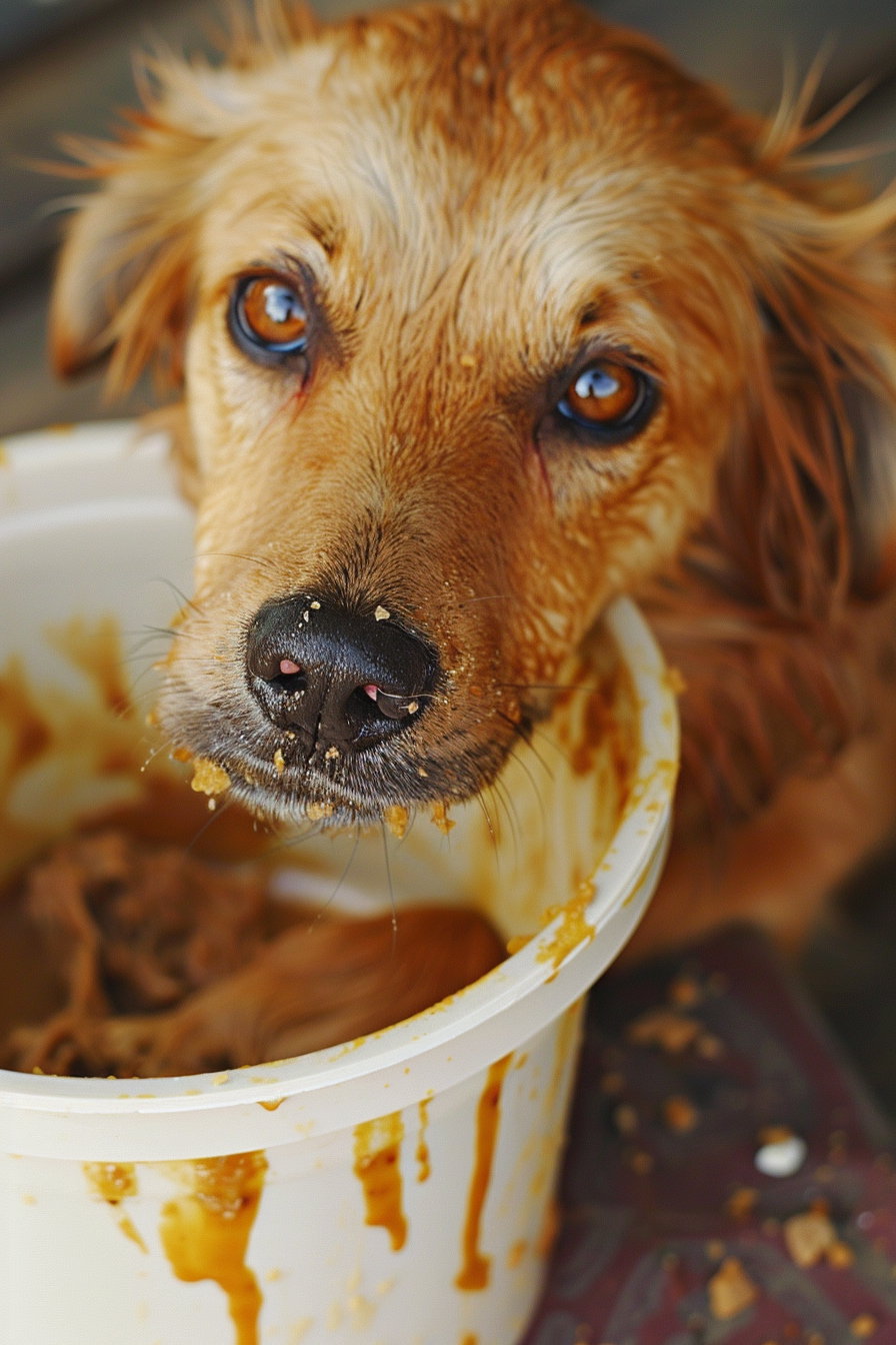 Dog with head in food container, messy face, confused expression