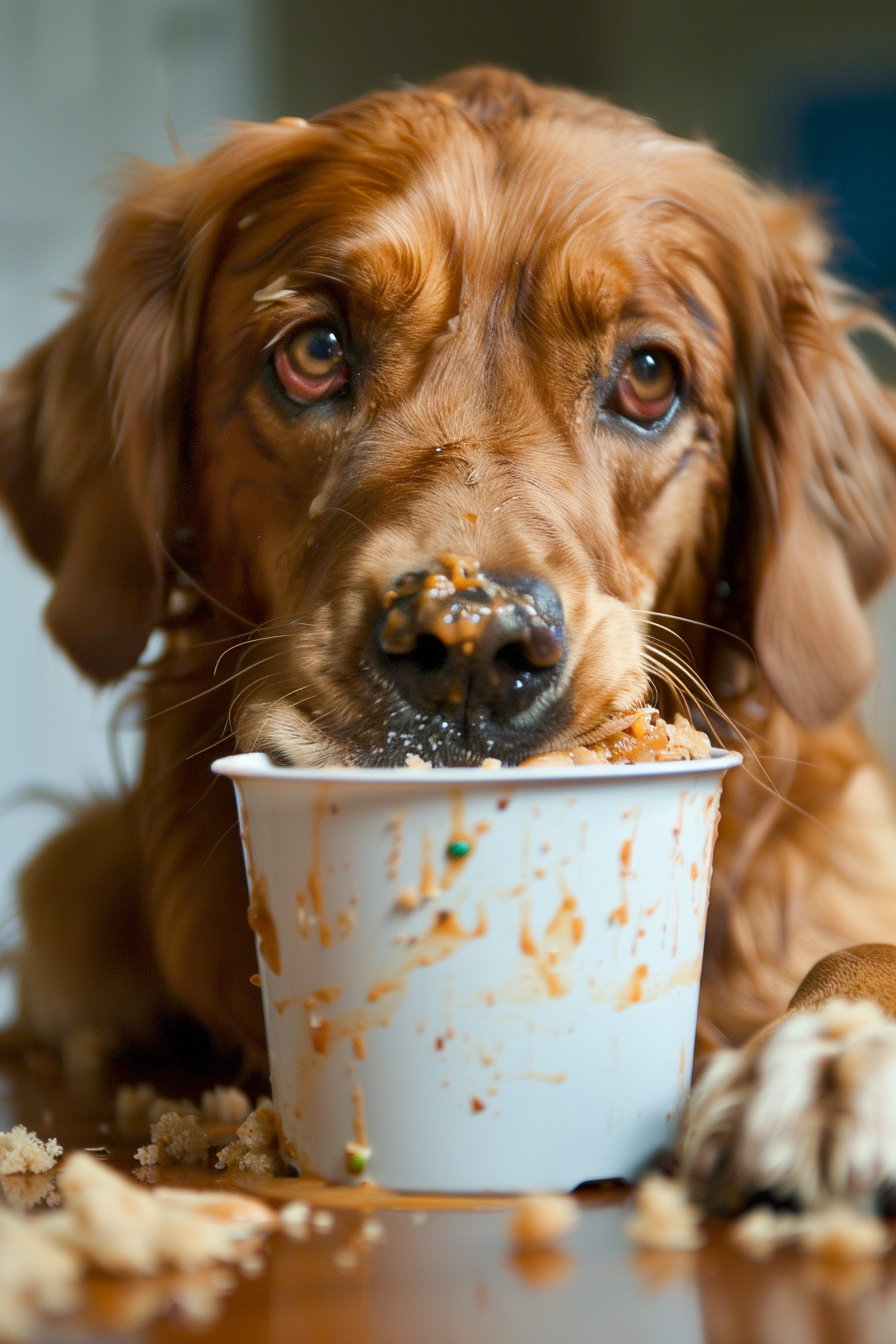 Dog with head in food container, messy face, confused look