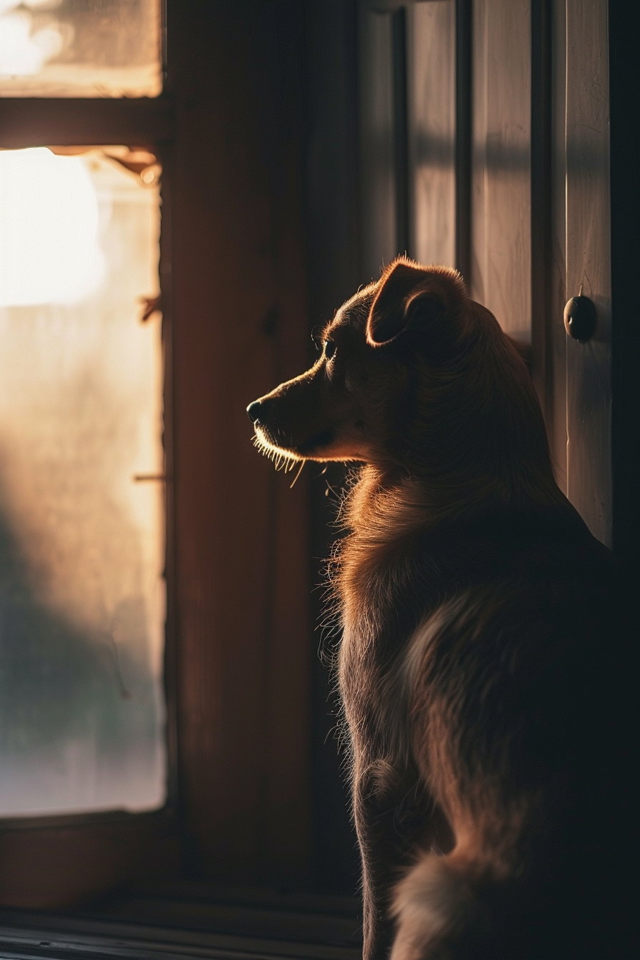 Dog waiting by the door in soft dim lighting