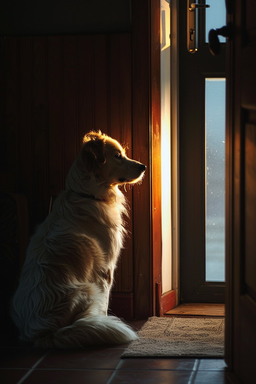 Dog waiting by the door in soft dim lighting