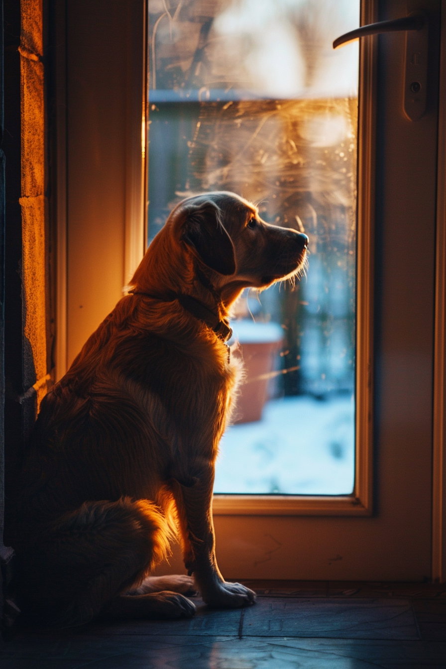Dog waiting by the door in soft dim lighting