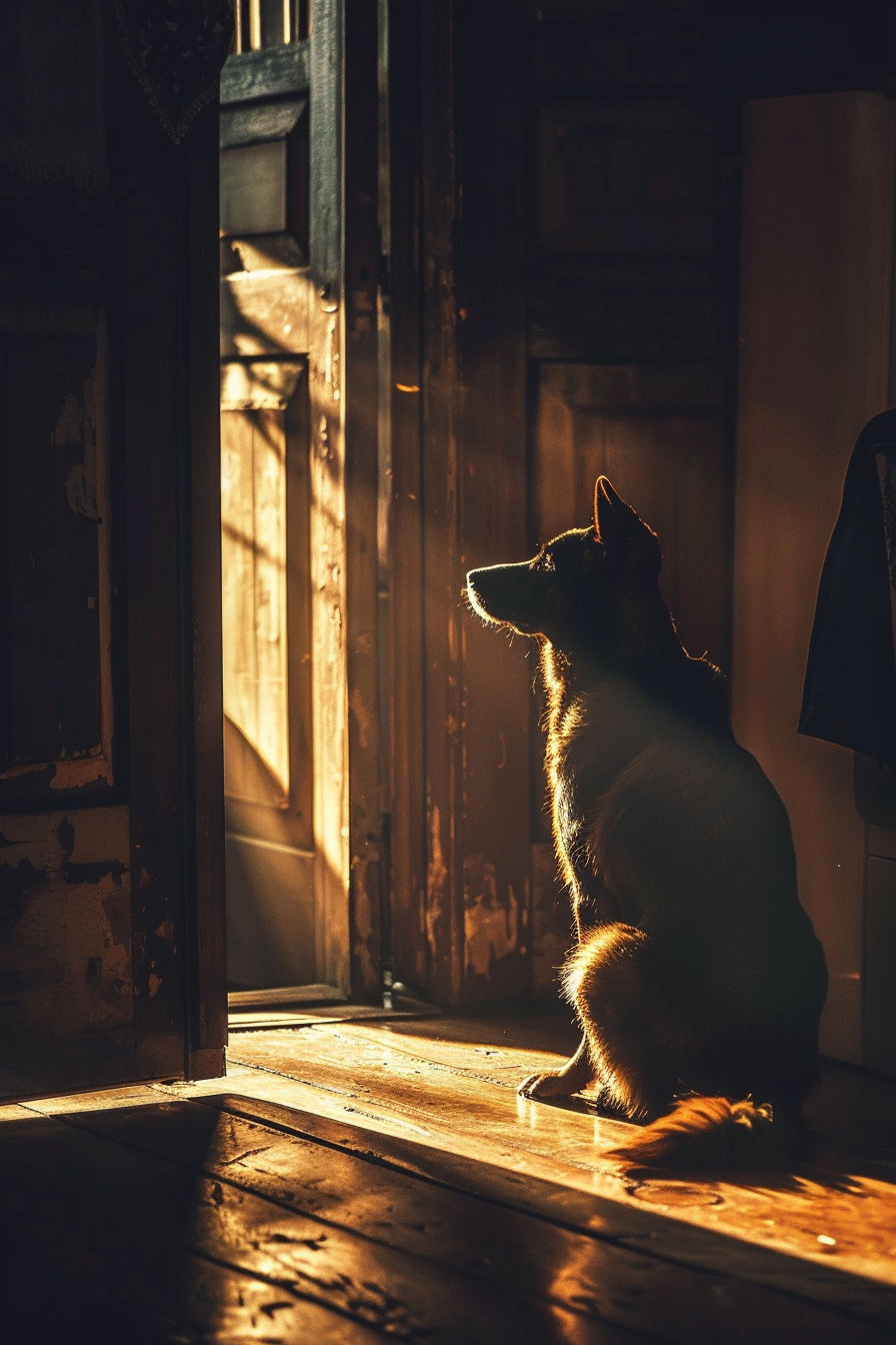 Dog waiting by the door in soft dim lighting