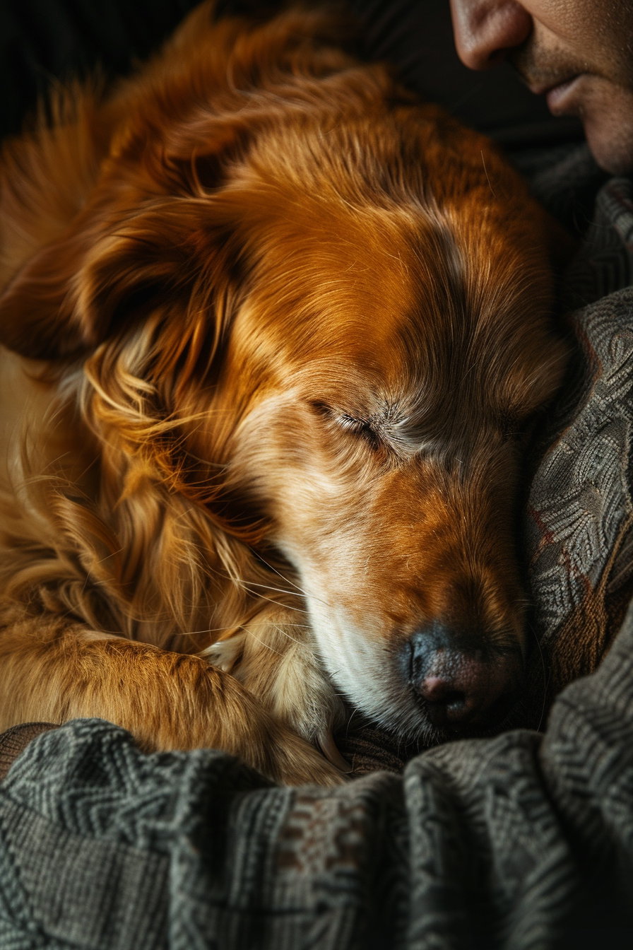 Old dog peacefully resting beside owner in warm light