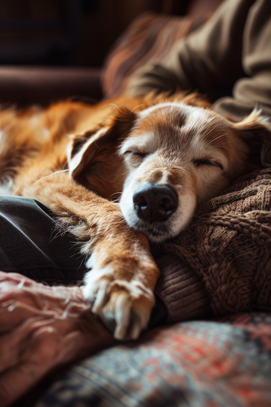 Old dog resting beside owner in warm soft light