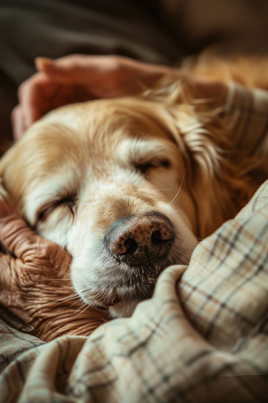 Old dog resting beside owner in warm soft light