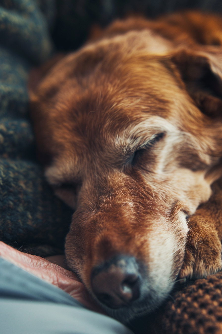 Old dog resting beside owner in warm soft light