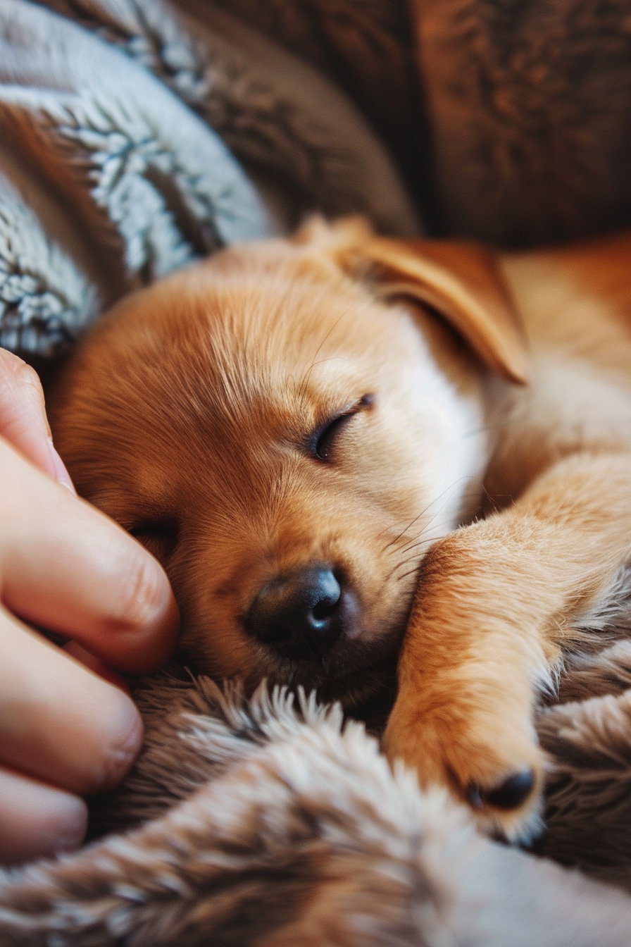 Puppy peacefully sleeping beside owner's hand in soft light