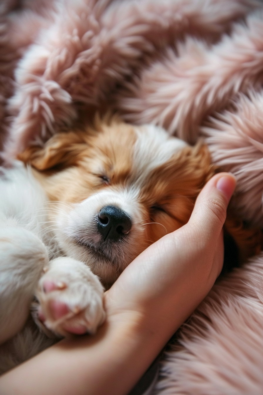 Puppy peacefully sleeping beside owner's hand in soft light