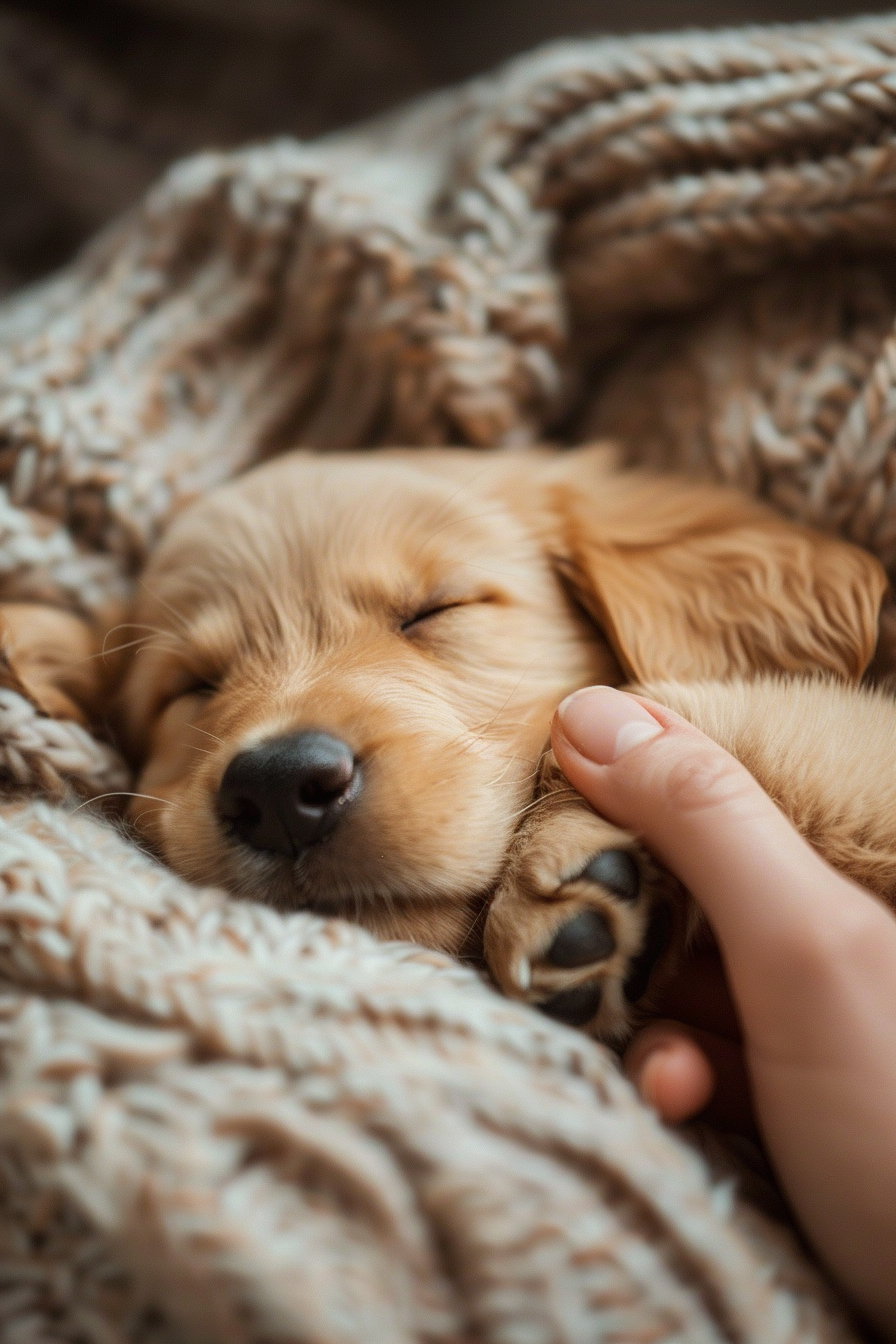 Puppy peacefully sleeping beside owner's hand in soft light