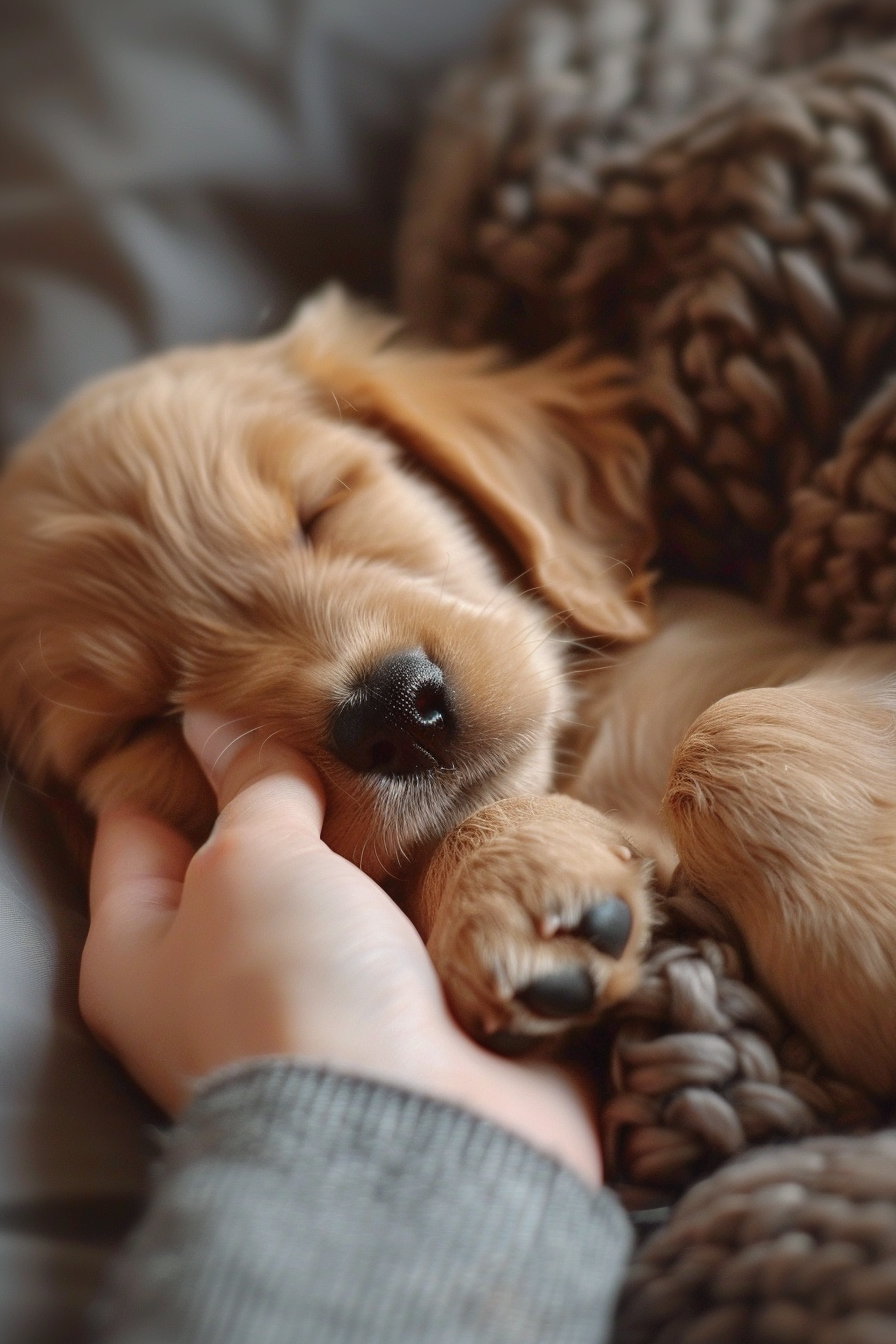 Puppy peacefully sleeping beside owner's hand in soft light