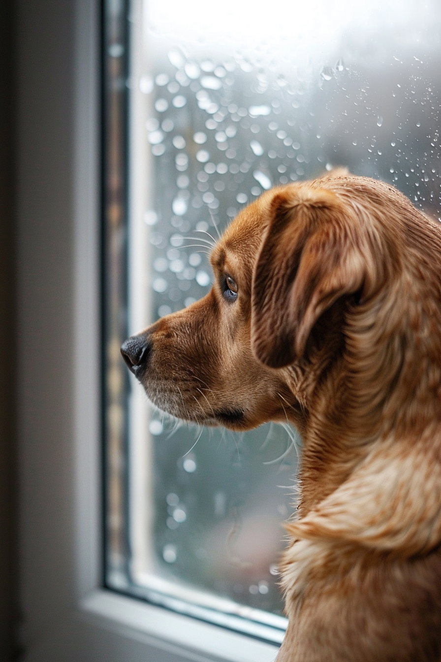 Dog gazing sadly out rainy window with water droplets