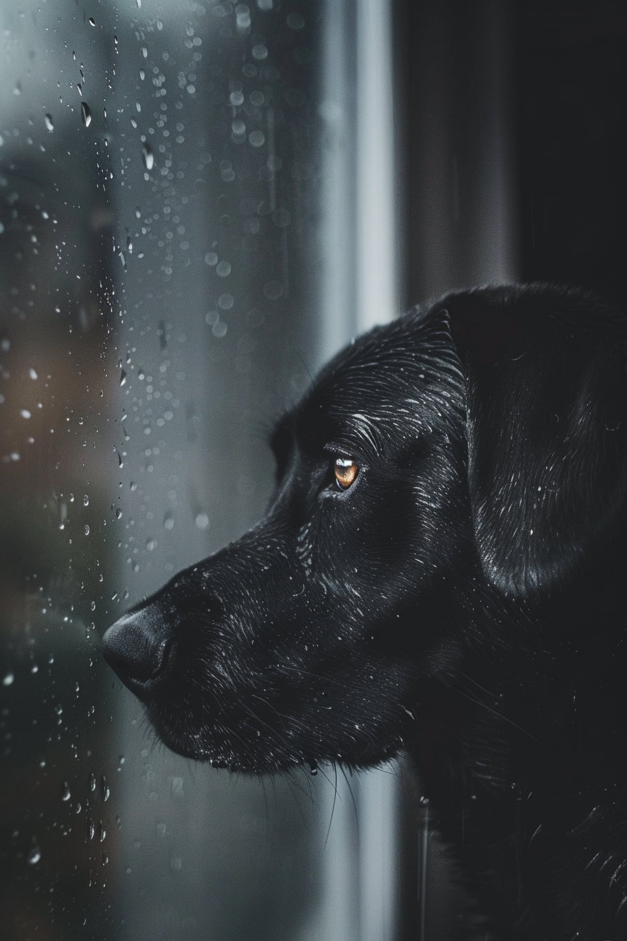 Sad dog gazing out rainy window with water droplets