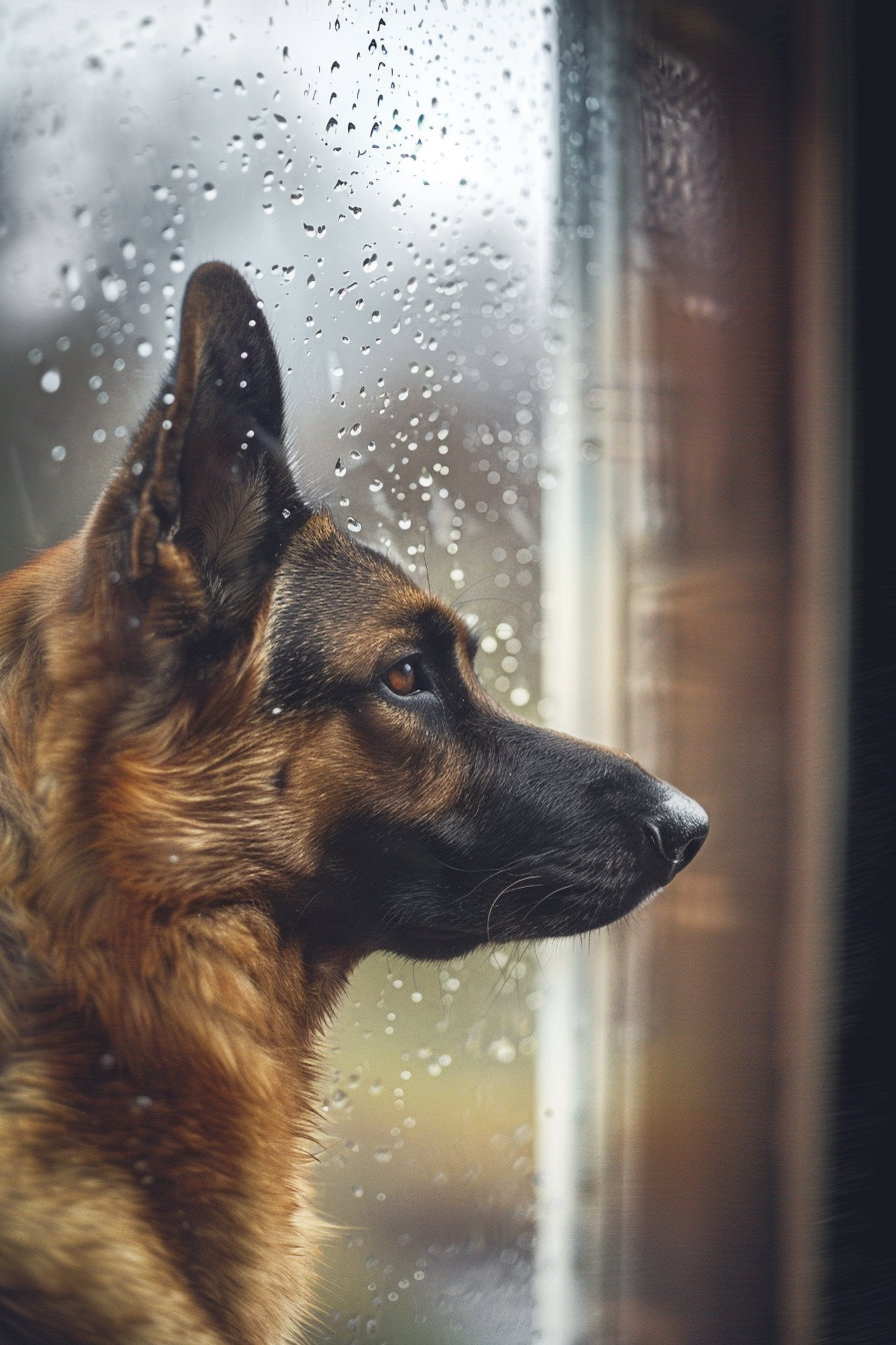 Dog gazing sadly through rainy window with droplets