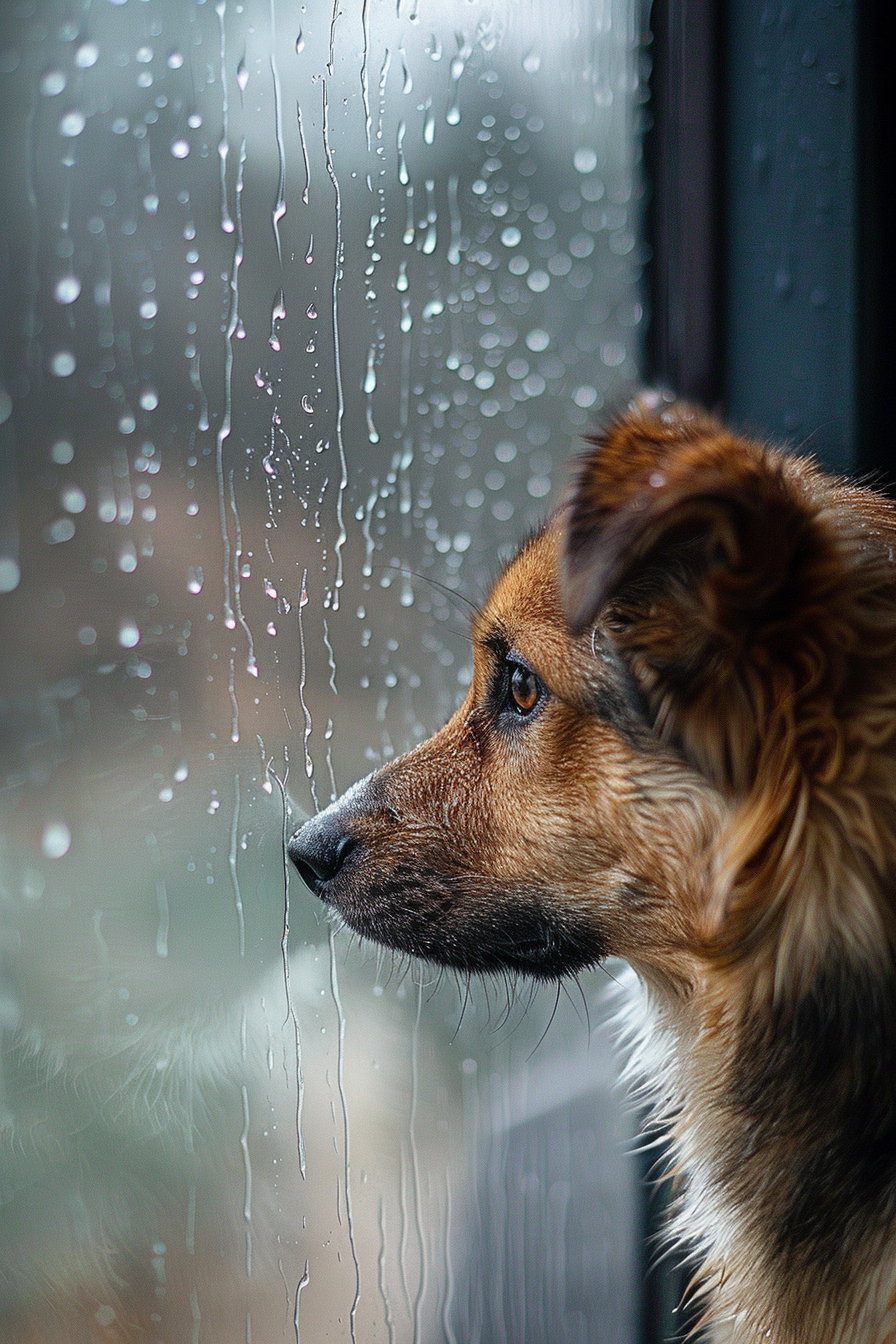 Dog gazing out rainy window with sad expression and droplets