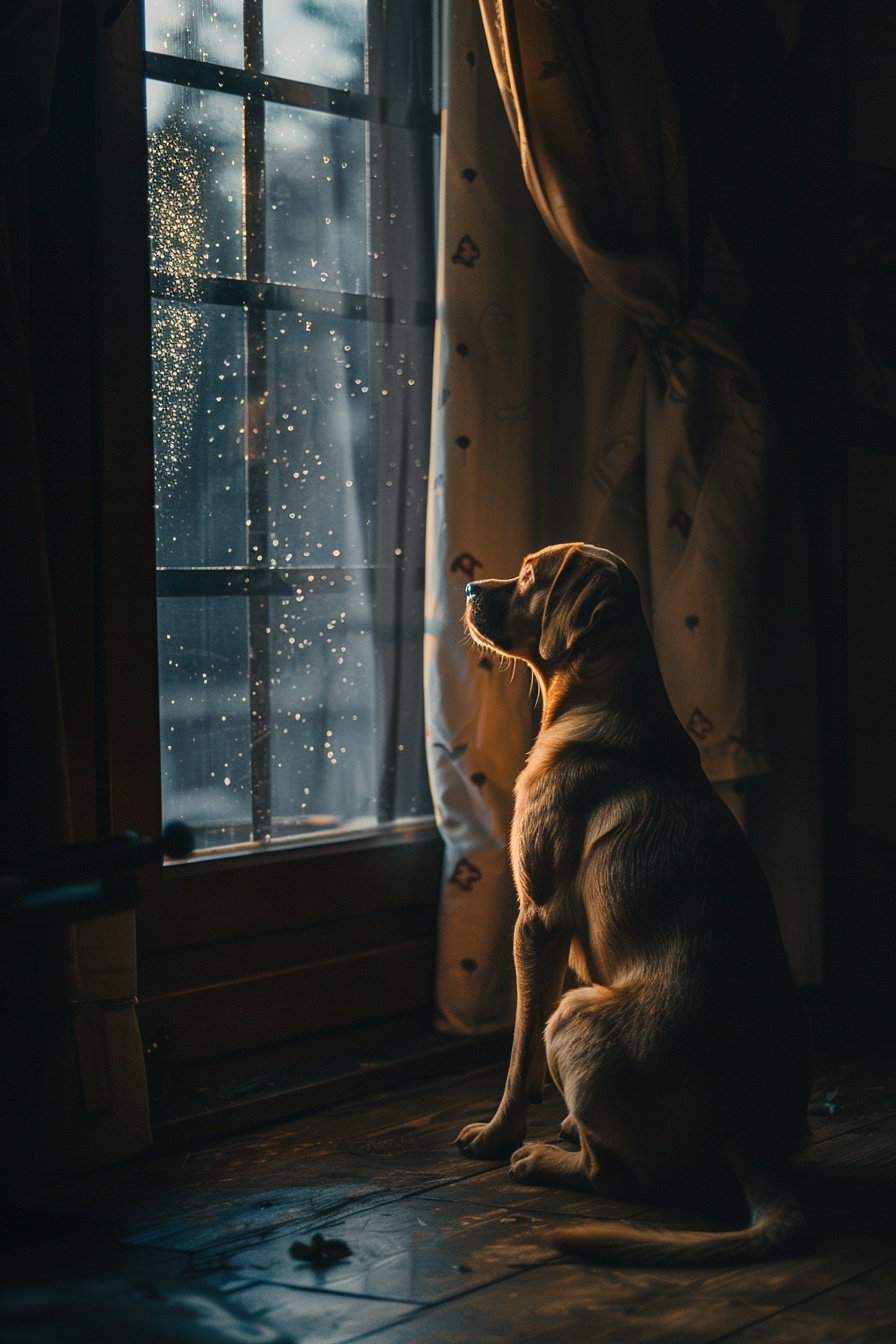 Dog sitting alone in dark room with soft window light