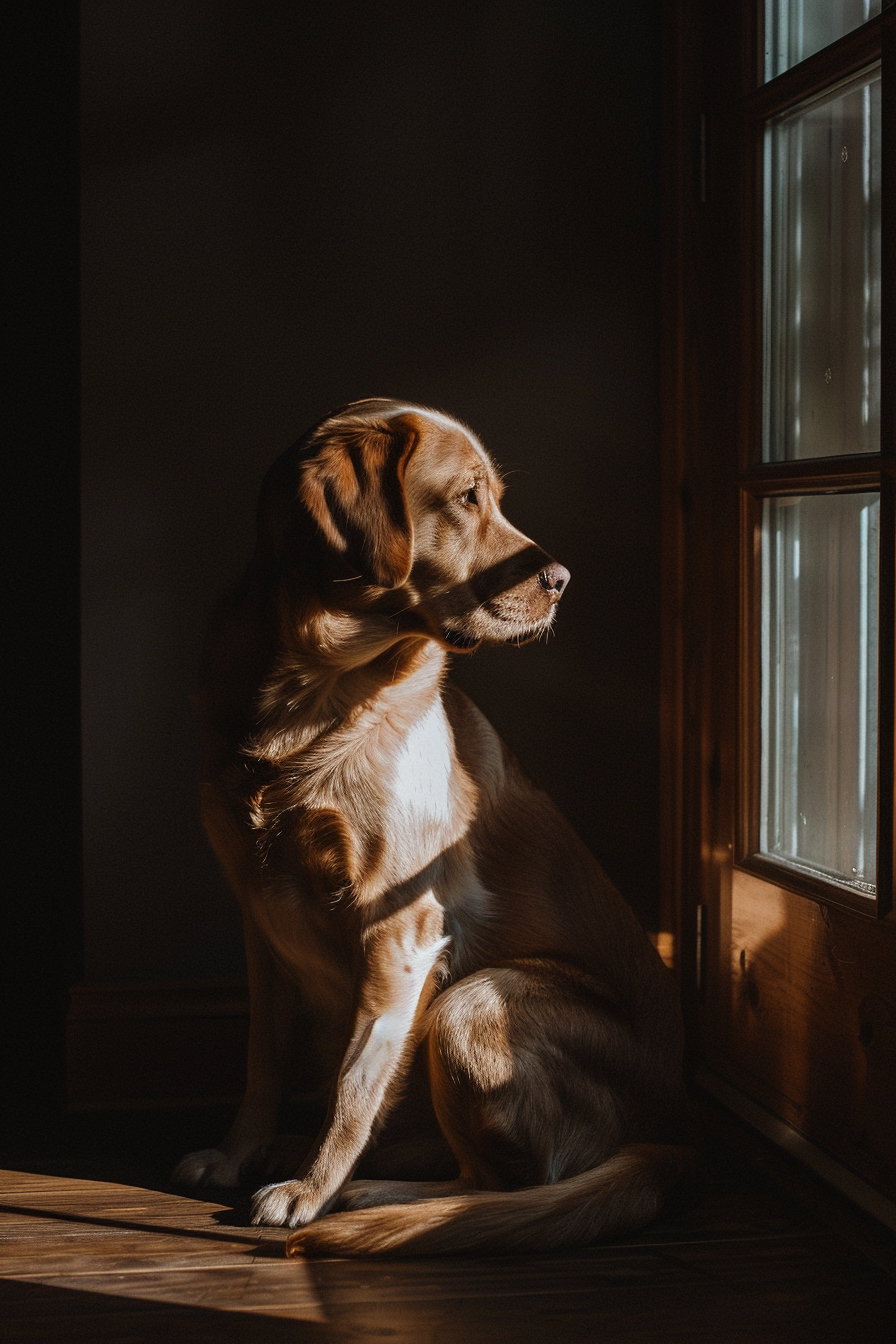 Dog sitting in dark room with soft window light