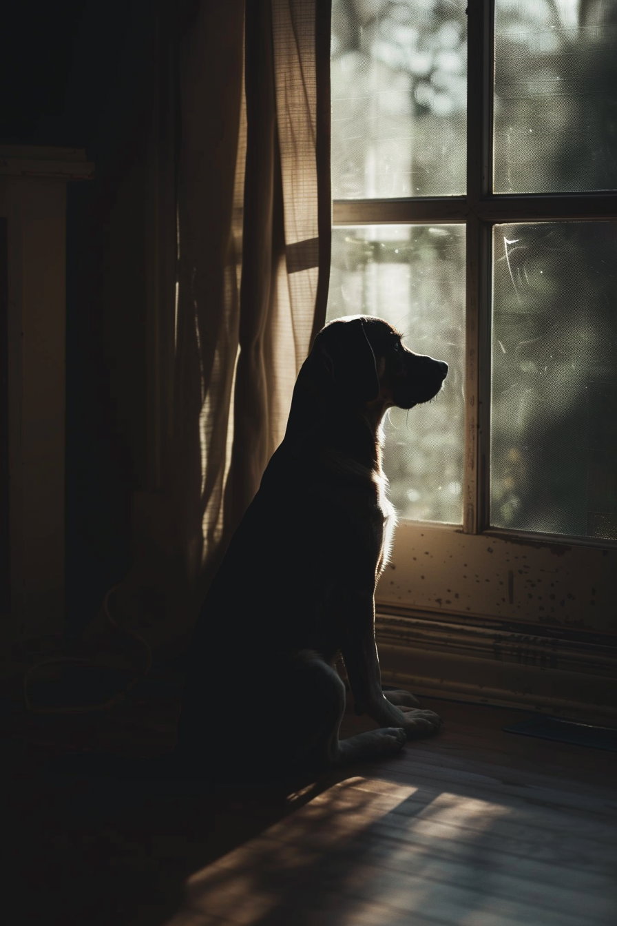 Dog sitting alone in dark room with soft window light