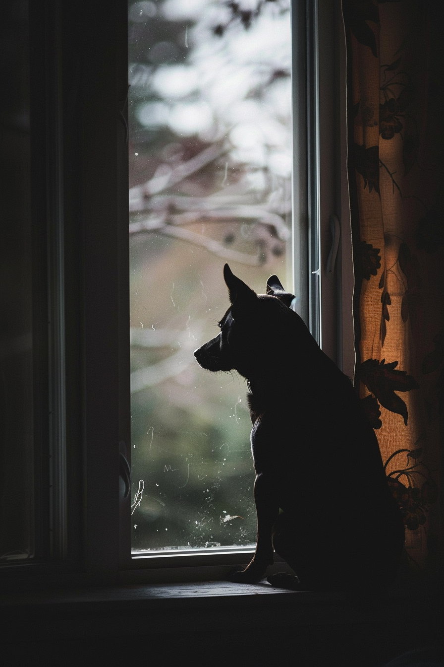 Dog sitting alone in dark room with soft window light