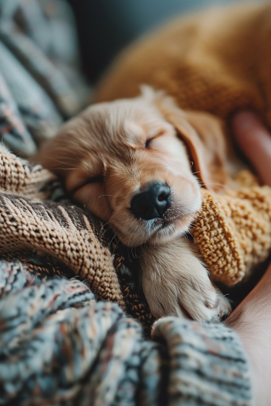 Puppy cuddles owner's arm while sleeping in warm tones