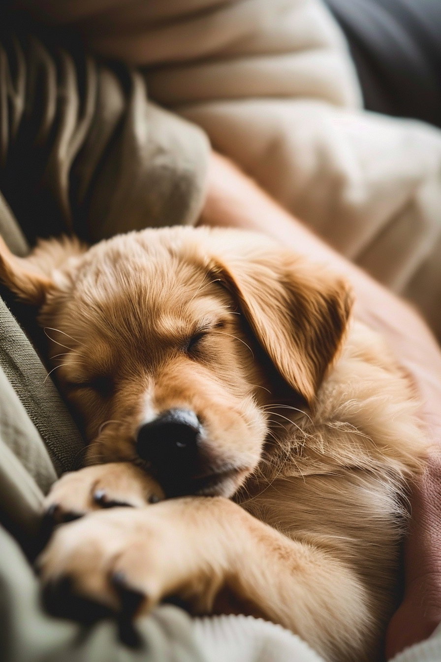 Puppy cuddles owner’s arm while sleeping in warm tones
