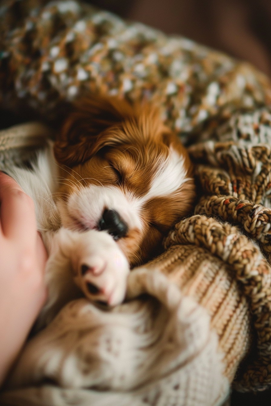 Puppy sleeping and hugging owner's arm in warm tones