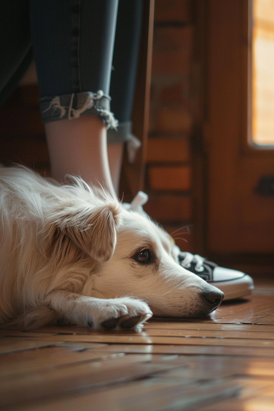 Dog lying beside owner's shoes in warm, soft light