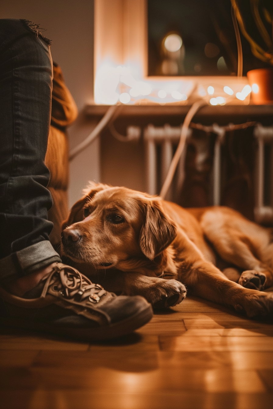 Dog resting beside owner's shoes in warm lighting