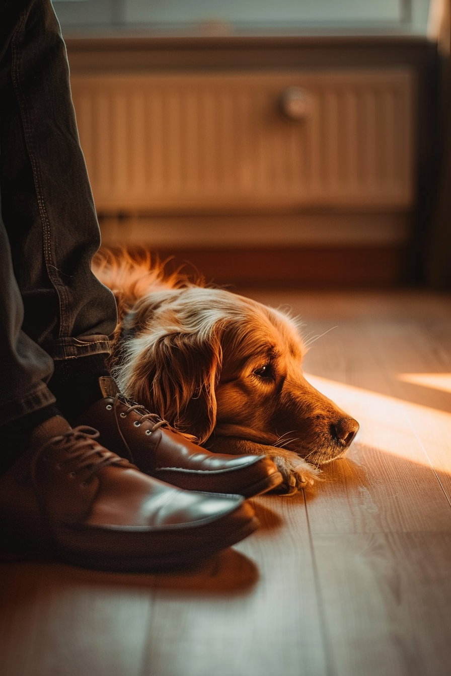 Dog lying beside owner's shoes in warm soft light