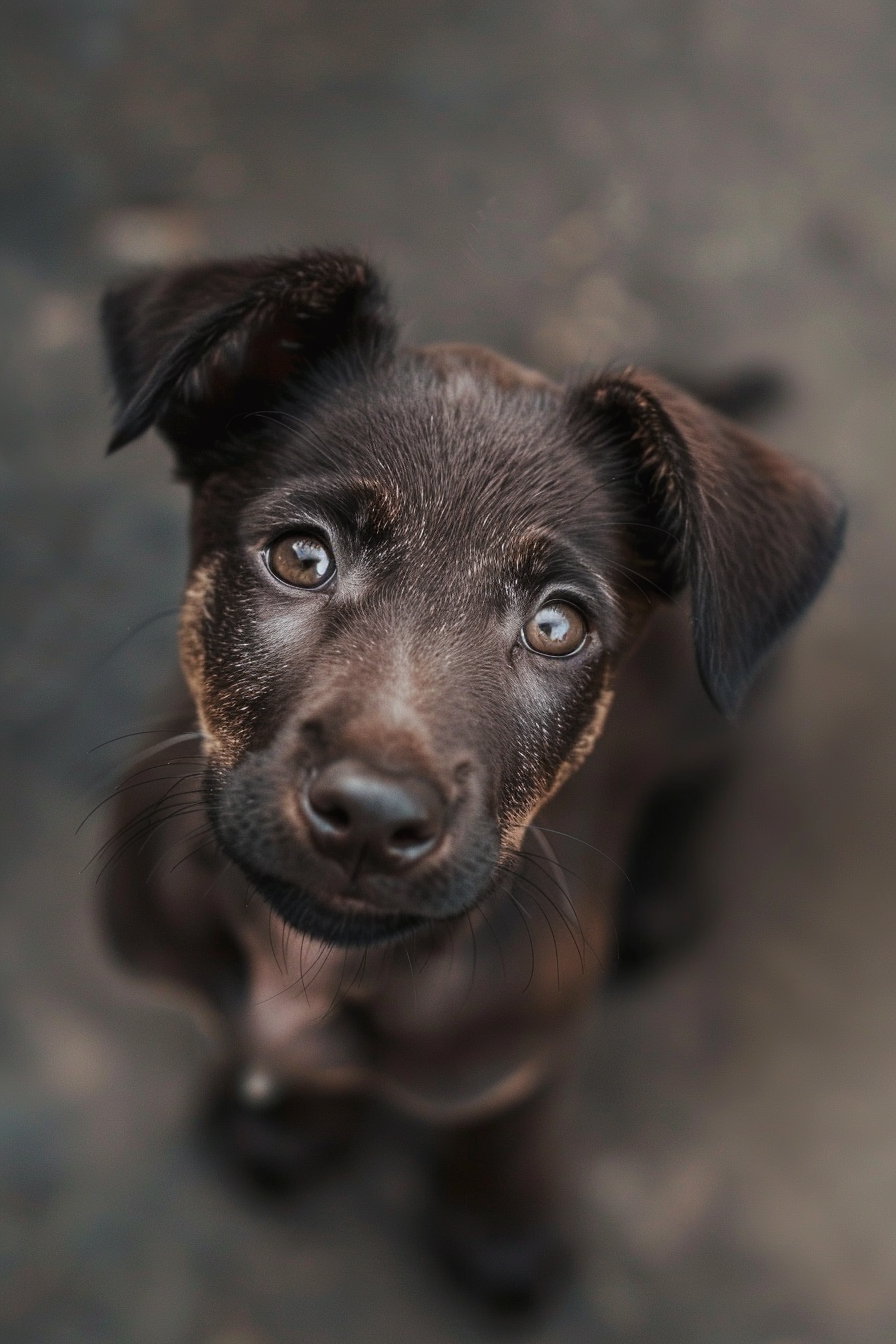 Puppy gazing upward with expressive eyes and soft shadows