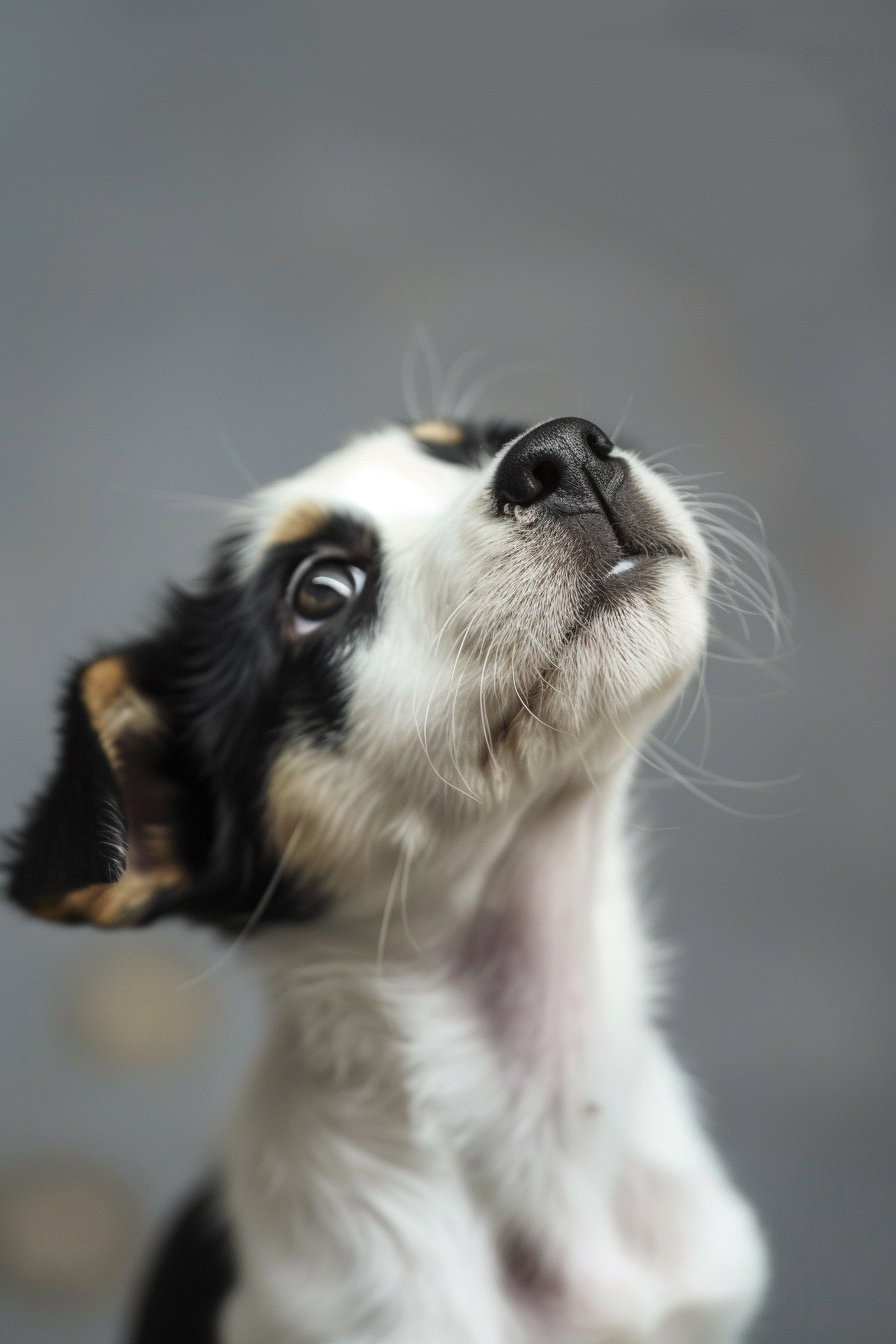 Puppy gazing upward with soulful eyes and soft shadows