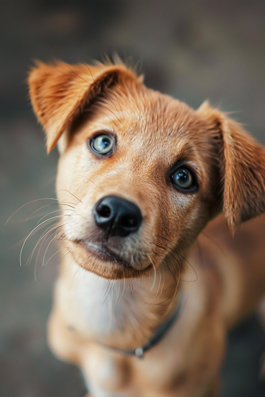 Puppy gazing up with soulful eyes in soft shadows